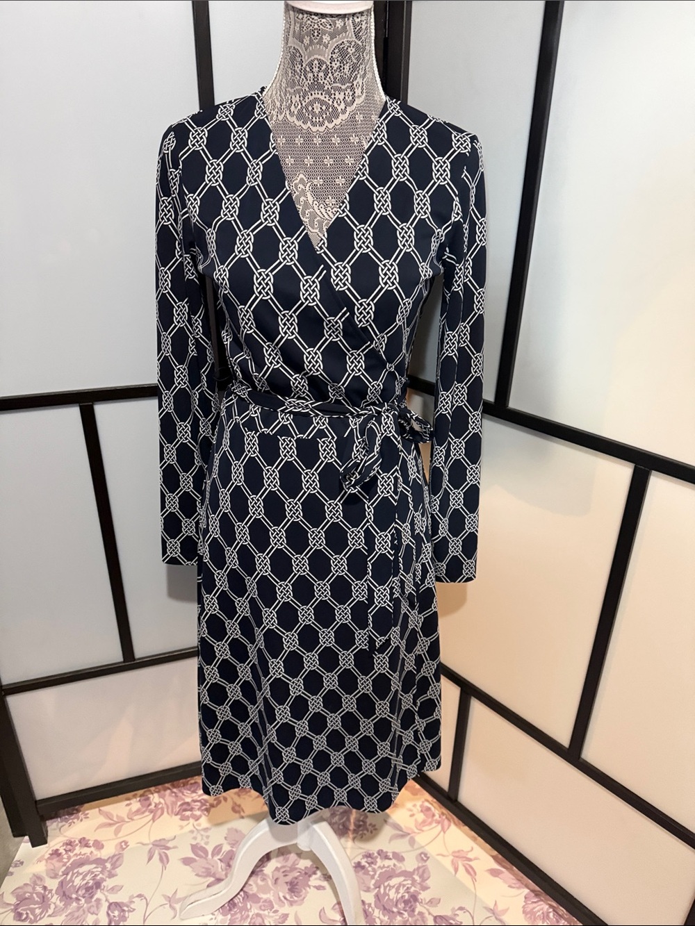 Jones New York Navy & White Knot-Chain Wrap Midi Dress